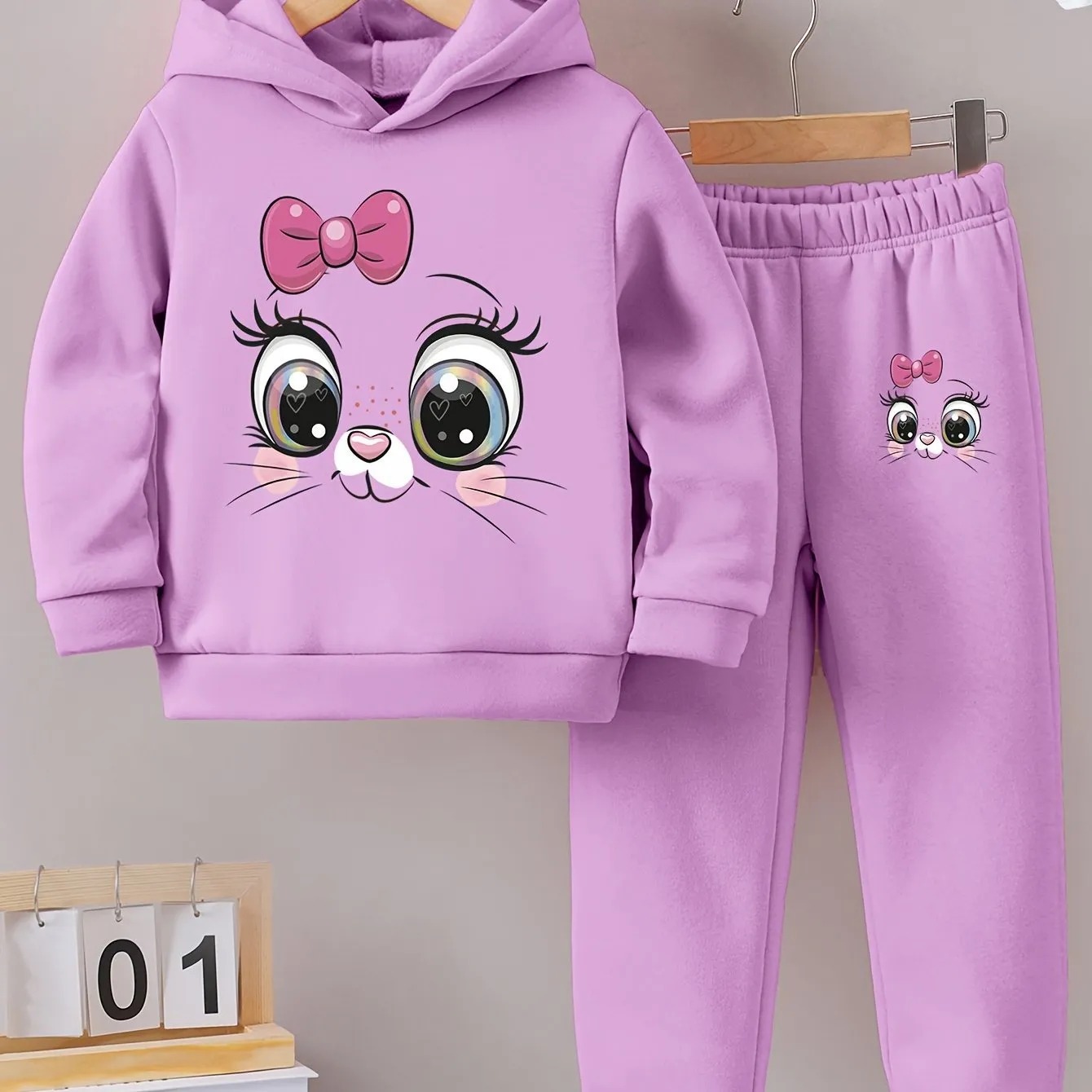 Girls 2-Piece Cartoon Cat Pattern Hooded Sweatshirt and Sweatpants Set 🐱👧