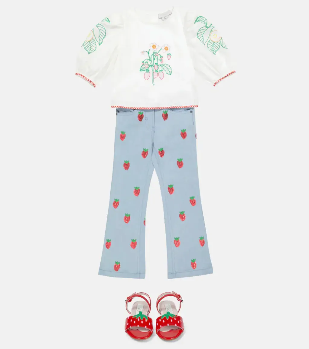 Girl's Sequin Strawberries Embroidered Flare Denim Pants