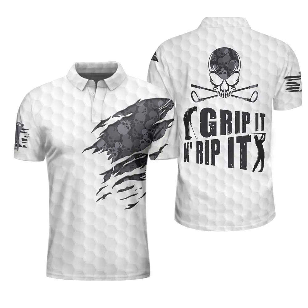 Grip It N' Rip It Golf Ball Texture Short Sleeve Polo Shirt, Ripped Skull Pattern Polo Shirt, Best Golf Shirt For Men Coolspod