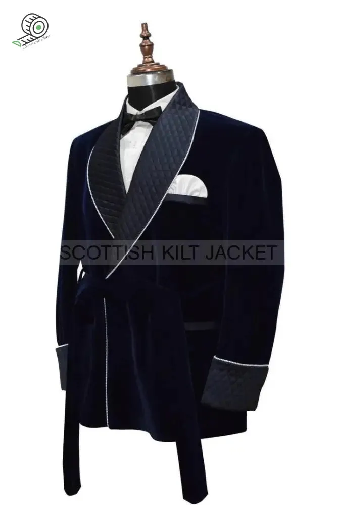 Men's Navy Blue Velvet Blazers with Quilted Jackets