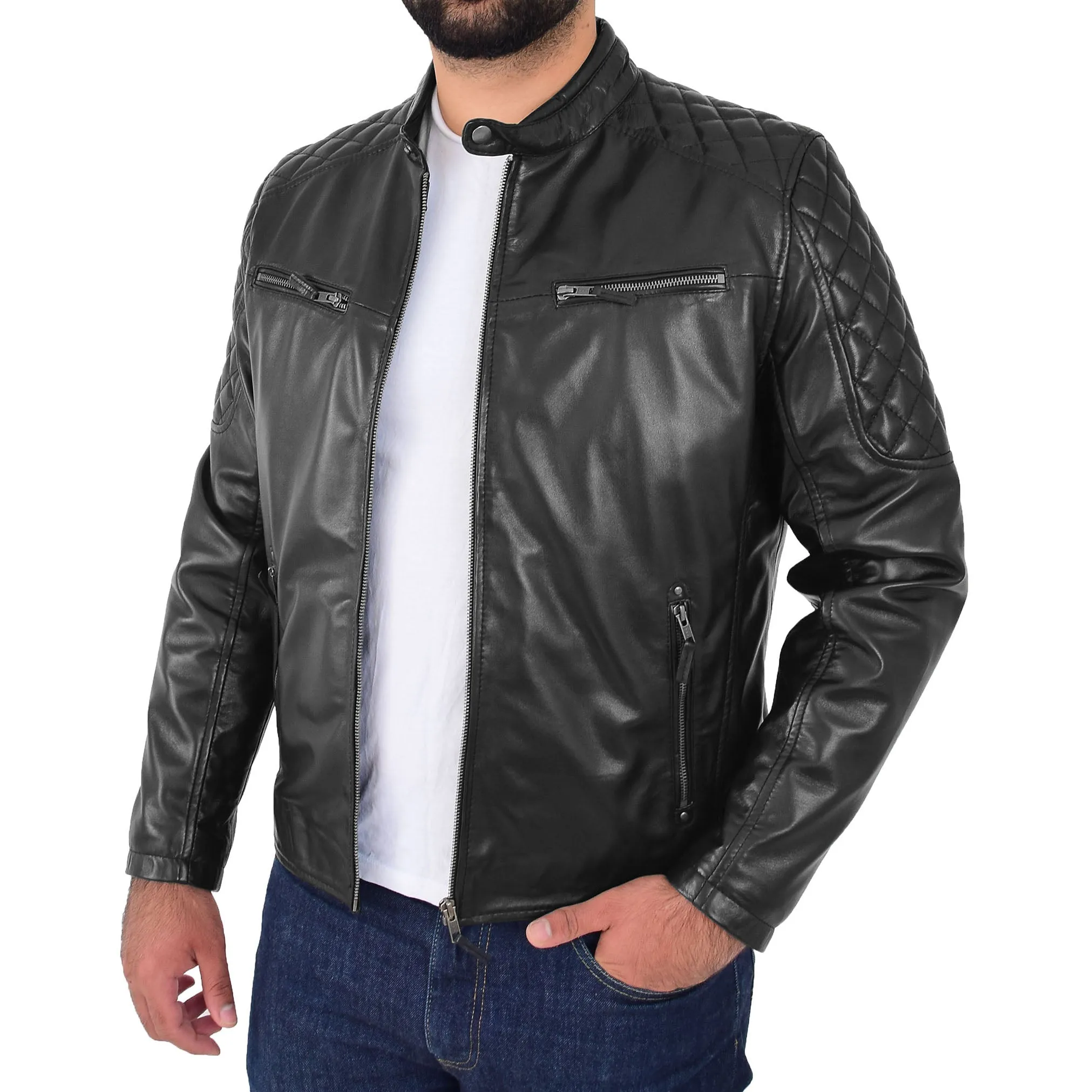 Mens Soft Leather Biker Jacket Quilted Design Tucker Black