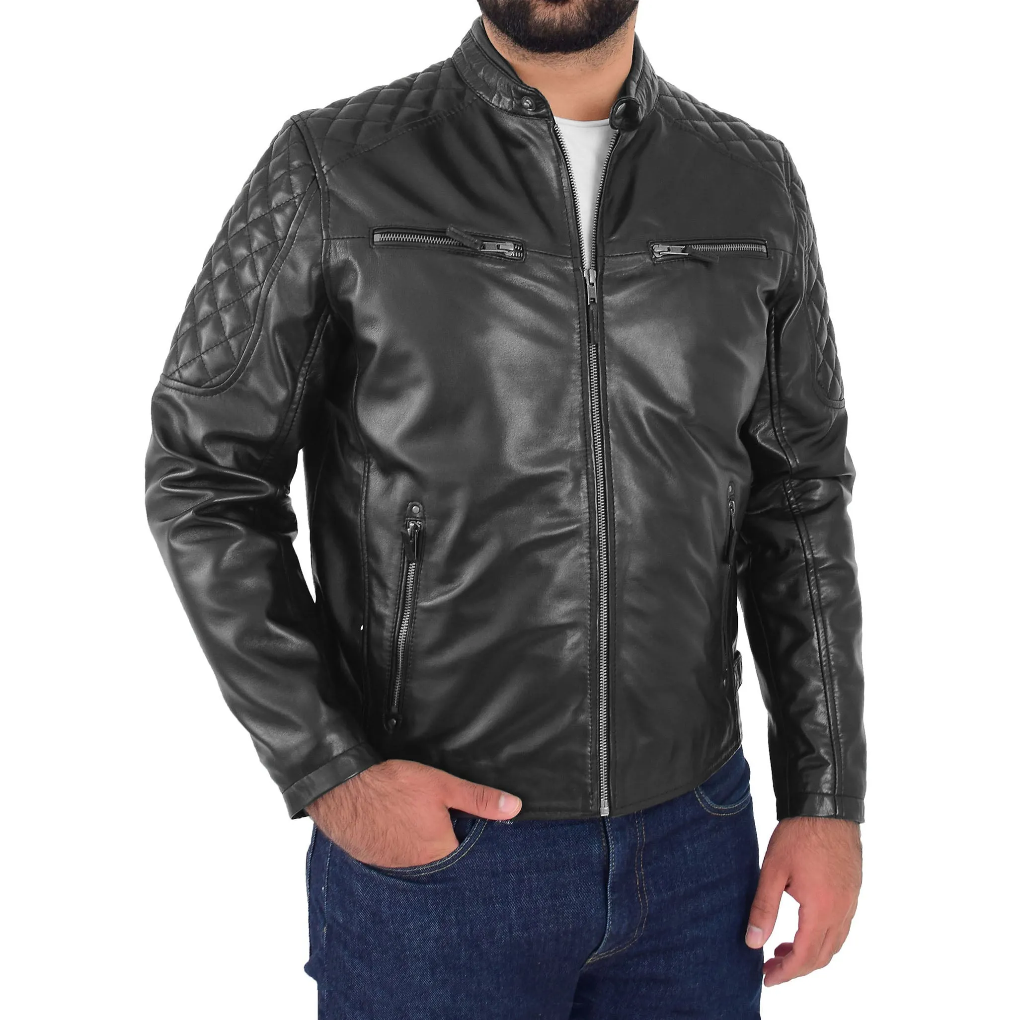 Mens Soft Leather Biker Jacket Quilted Design Tucker Black