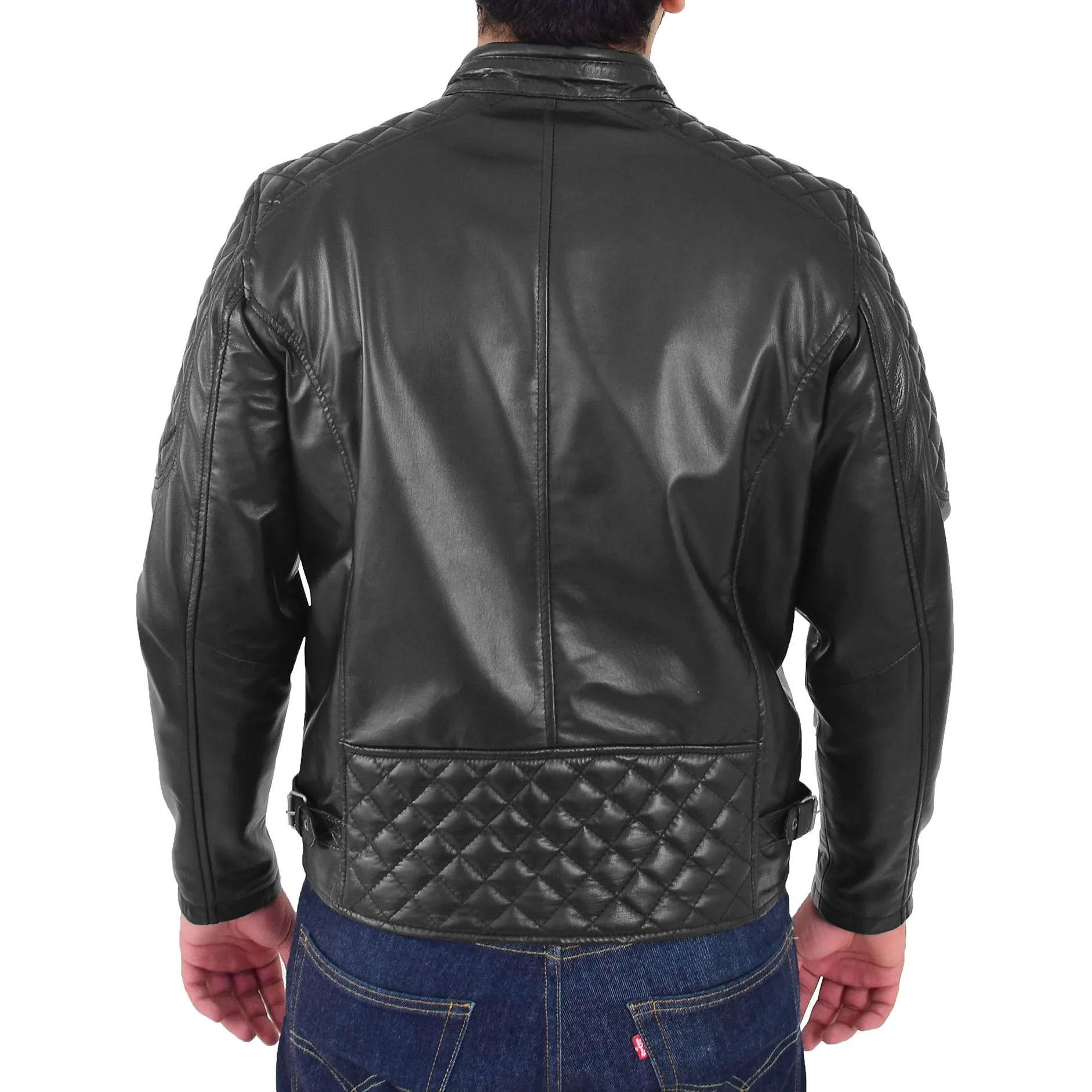 Mens Soft Leather Biker Jacket Quilted Design Tucker Black