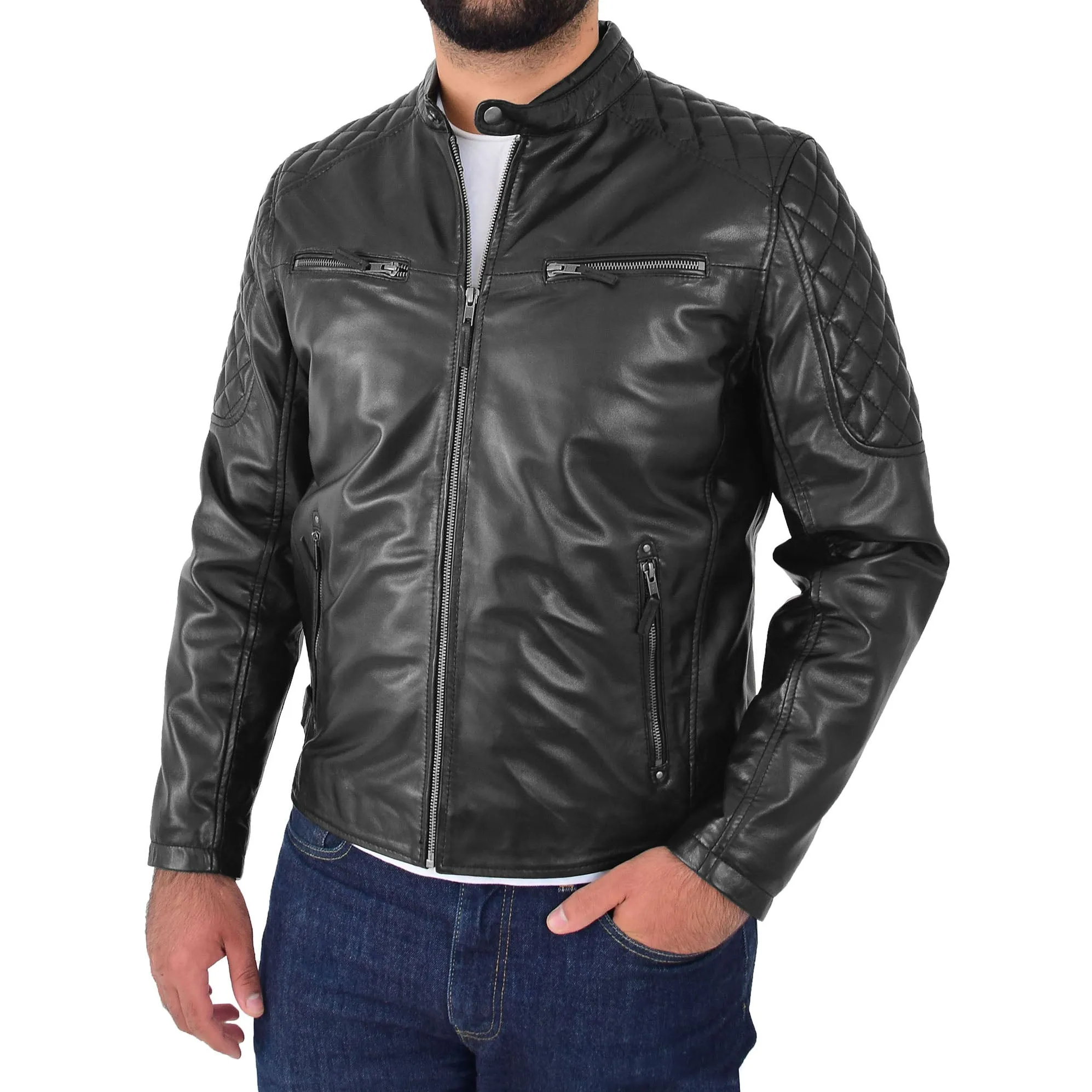 Mens Soft Leather Biker Jacket Quilted Design Tucker Black