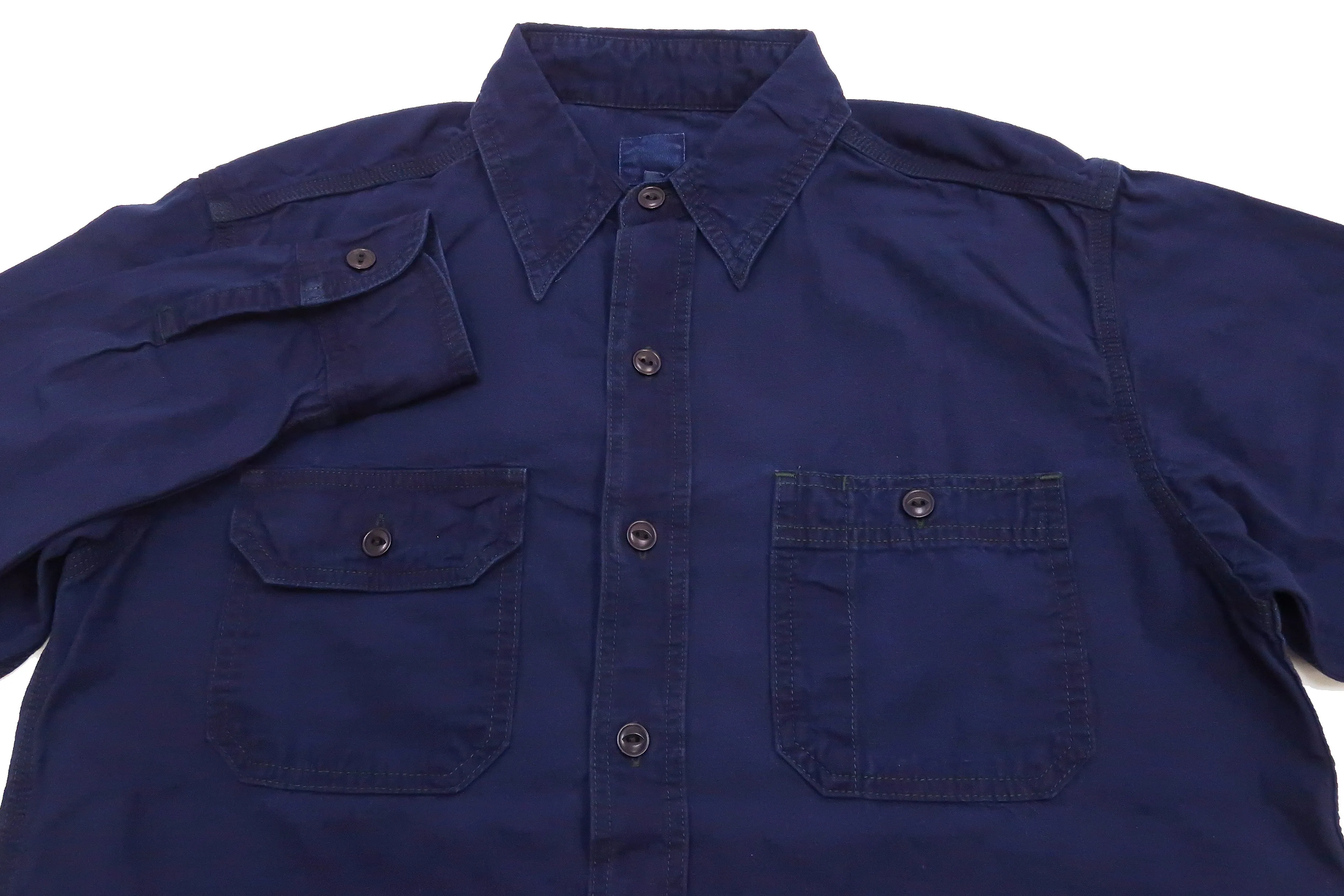 Momotaro Jeans Chambray Shirt Men's Solid Long Sleeve Button Up Work Shirt MLS2020M23 Indigo Overdyed