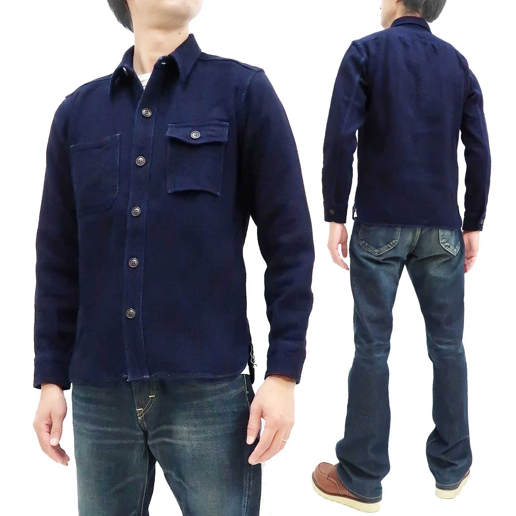 Momotaro Jeans Indigo Dobby Shirt Men's Solid Heavyweight Long Sleeve Button Up Work Shirt MZLS1070