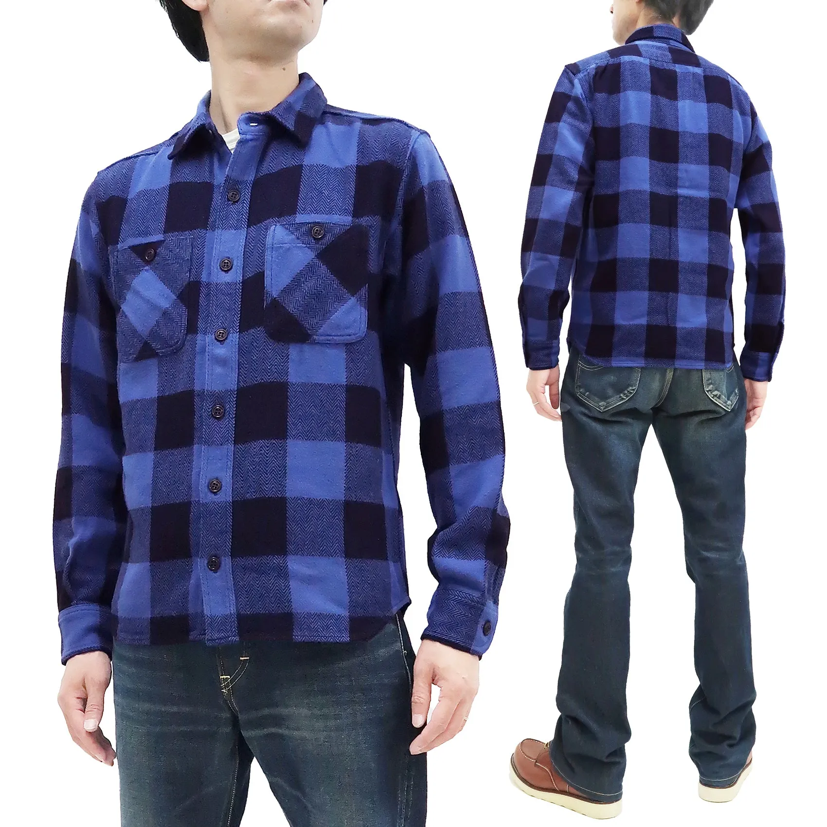 Momotaro Jeans Indigo Flannel Shirt Men's Heavy Herringbone Twill Buffalo Plaid Long Sleeve Work Shirt MLS1010M23