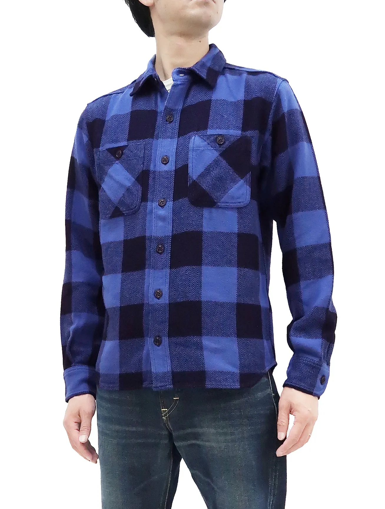 Momotaro Jeans Indigo Flannel Shirt Men's Heavy Herringbone Twill Buffalo Plaid Long Sleeve Work Shirt MLS1010M23