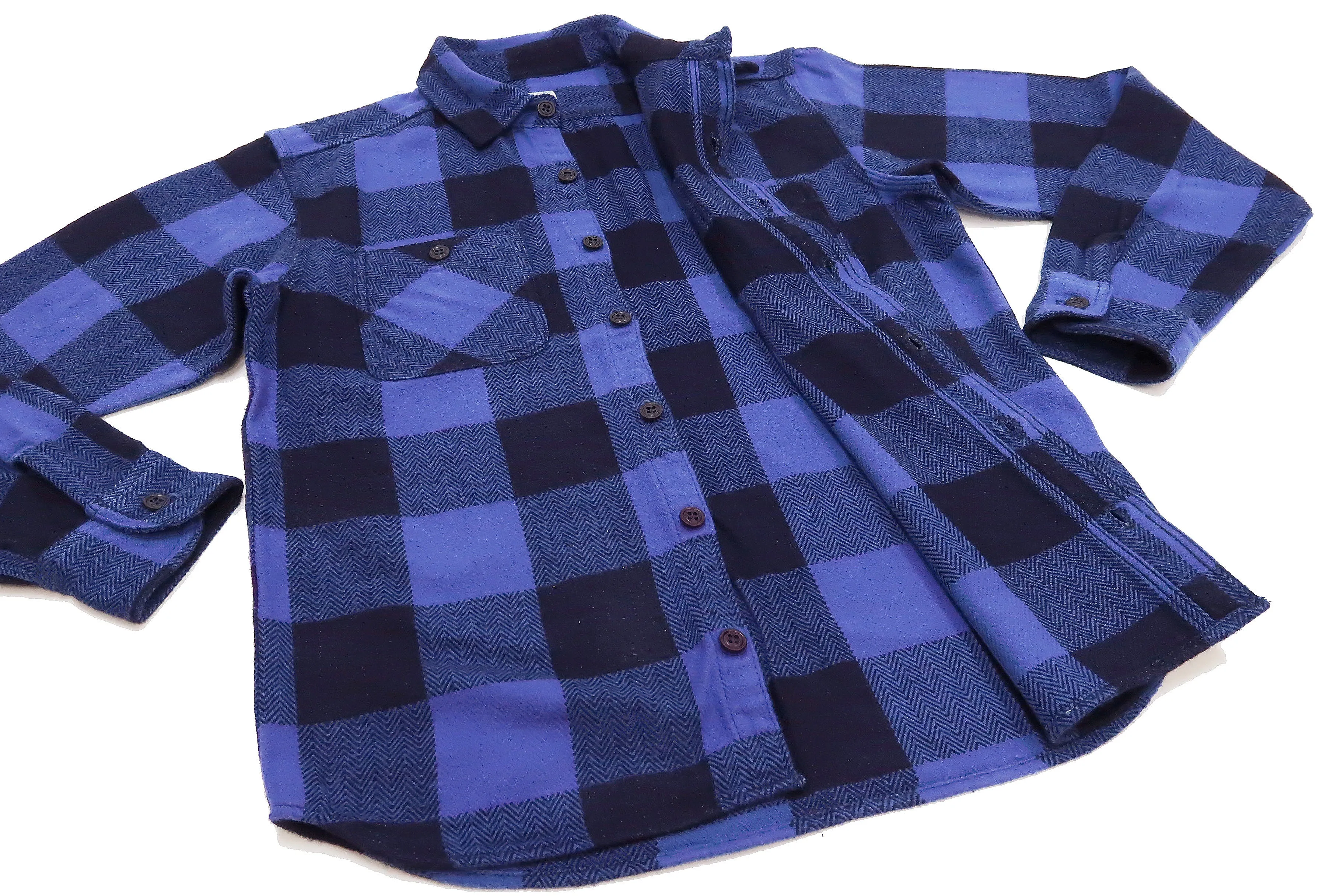 Momotaro Jeans Indigo Flannel Shirt Men's Heavy Herringbone Twill Buffalo Plaid Long Sleeve Work Shirt MLS1010M23