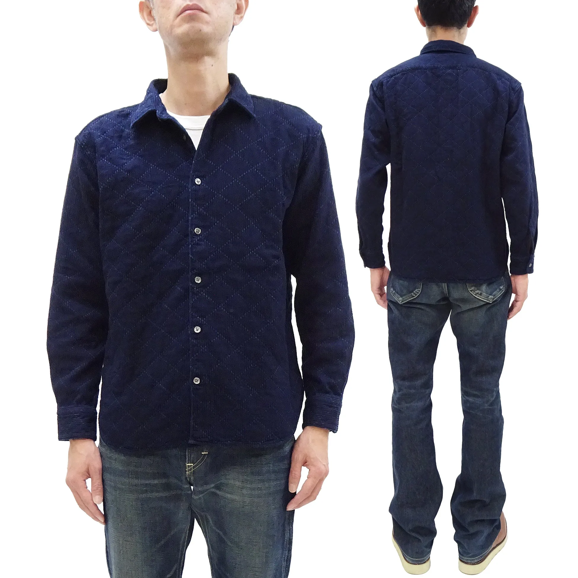 Momotaro Jeans Indigo Sashiko Shirt Men's Casual Japanese Style Long Sleeve Button Up Shirt MXLS1028