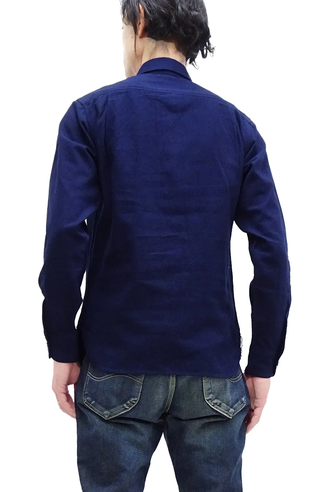 Momotaro Jeans Shirt Men's Plain Lightweight Cotton Dobby Long Sleeve Button Up Work Shirt MXLS1008 Indigo