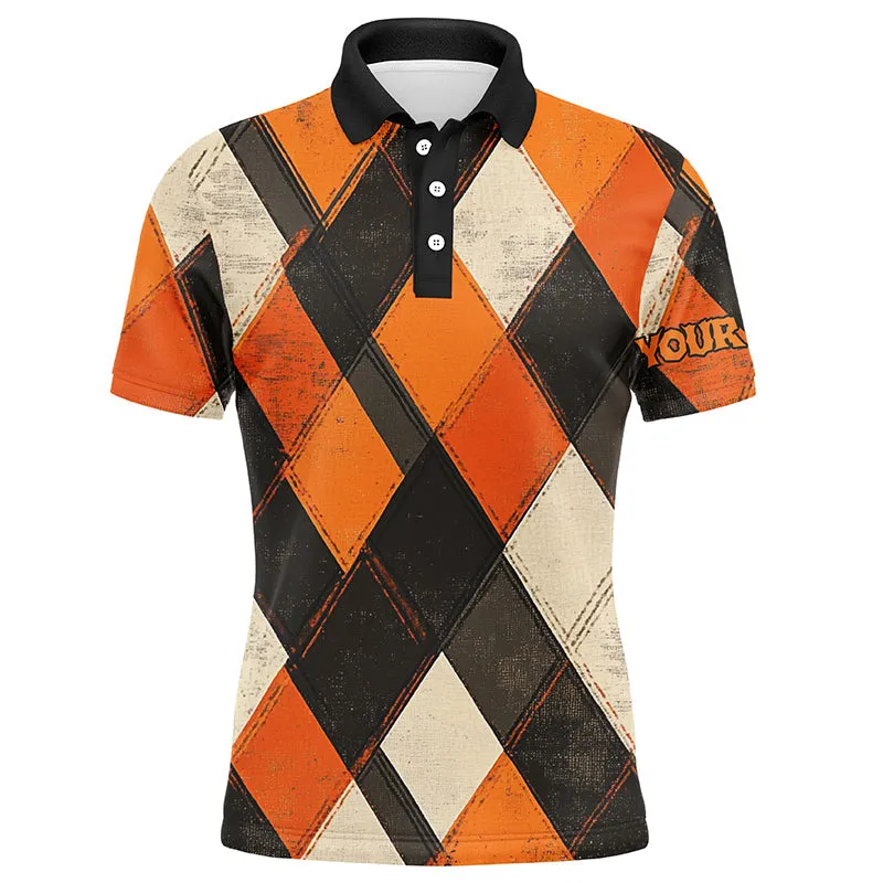 Orange Argyle Pattern Men Golf Polo Shirts Custom Halloween Golf Shirts For Men