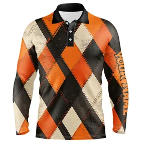 Orange Argyle Pattern Men Golf Polo Shirts Custom Halloween Golf Shirts For Men