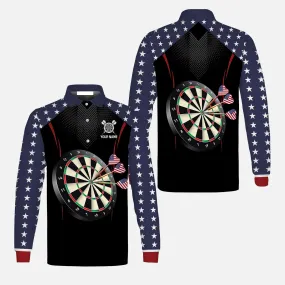 Personalised Darts Long Sleeve Polo Shirts, Darts American Flag Black Background Custom Name Polo Shirts