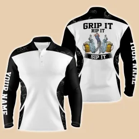 Personalized Beer And Golf Men Long Sleeve Polo Shirt, Grip It Rip It Sip It Men Polo Shirt