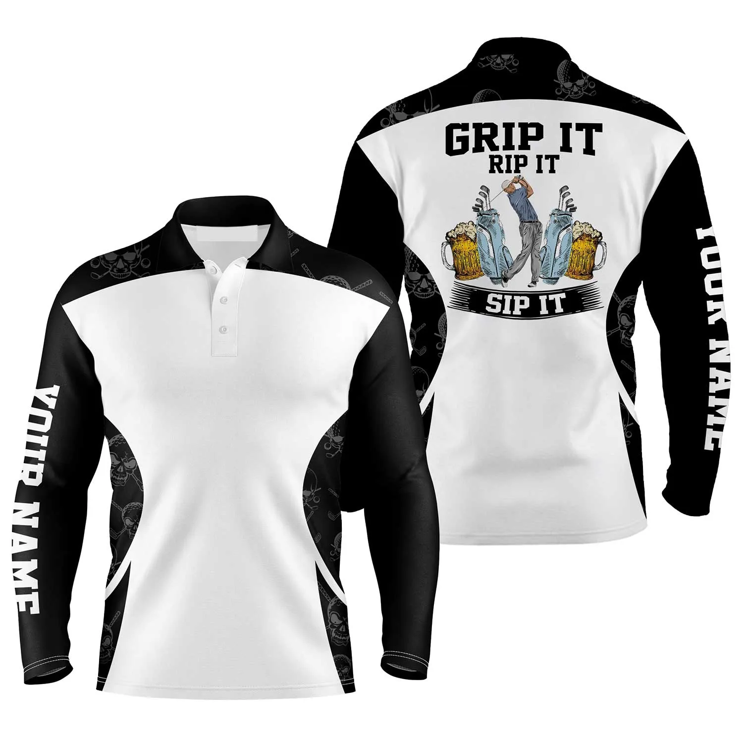 Personalized Beer And Golf Men Long Sleeve Polo Shirt, Grip It Rip It Sip It Men Polo Shirt