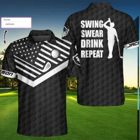 Personalized Black American Flag Golf Shirt For Men, Swing Swear Drink Repeat Custom Polo Shirt Coolspod Coolspod