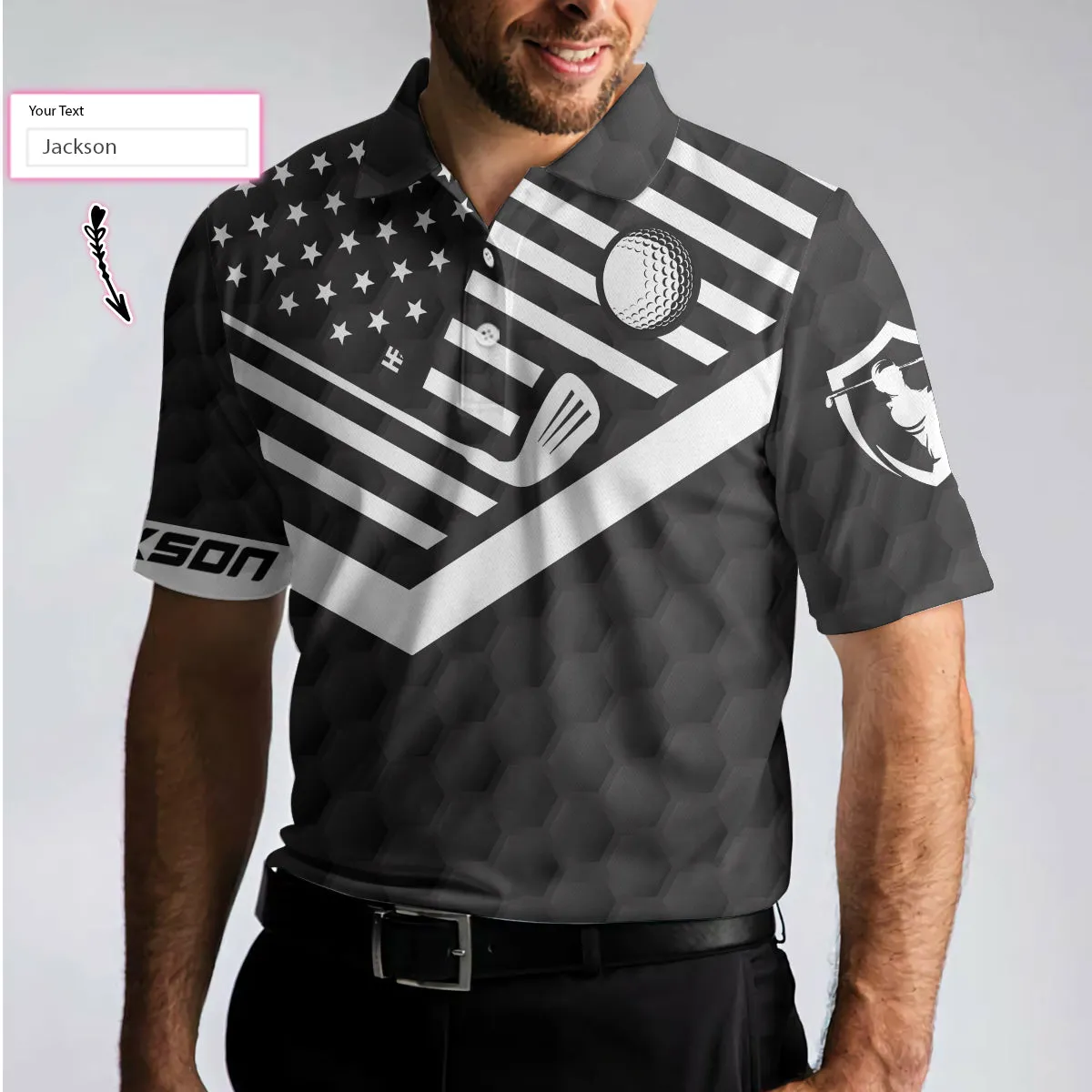 Personalized Black American Flag Golf Shirt For Men, Swing Swear Drink Repeat Custom Polo Shirt Coolspod Coolspod