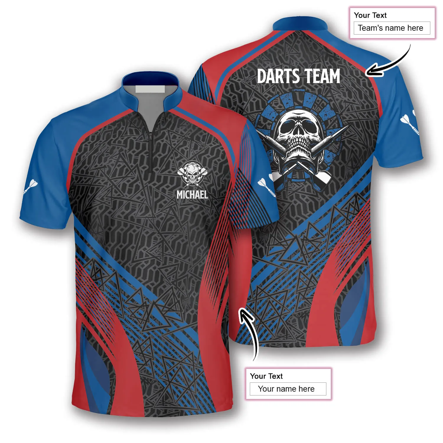 Personalized Blue & Red Skull Custom Darts Jerseys for Men, Idea Gift for Dart Players