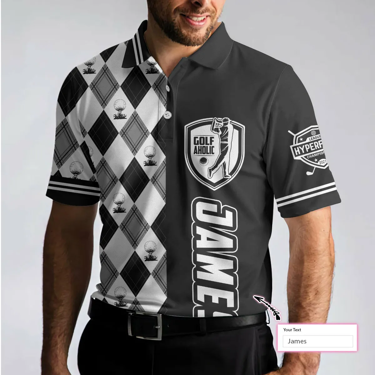 Personalized Golfaholic Custom Polo Shirt, Black And White Argyle Pattern Polo Shirt, Best Golf Shirt For Men Coolspod