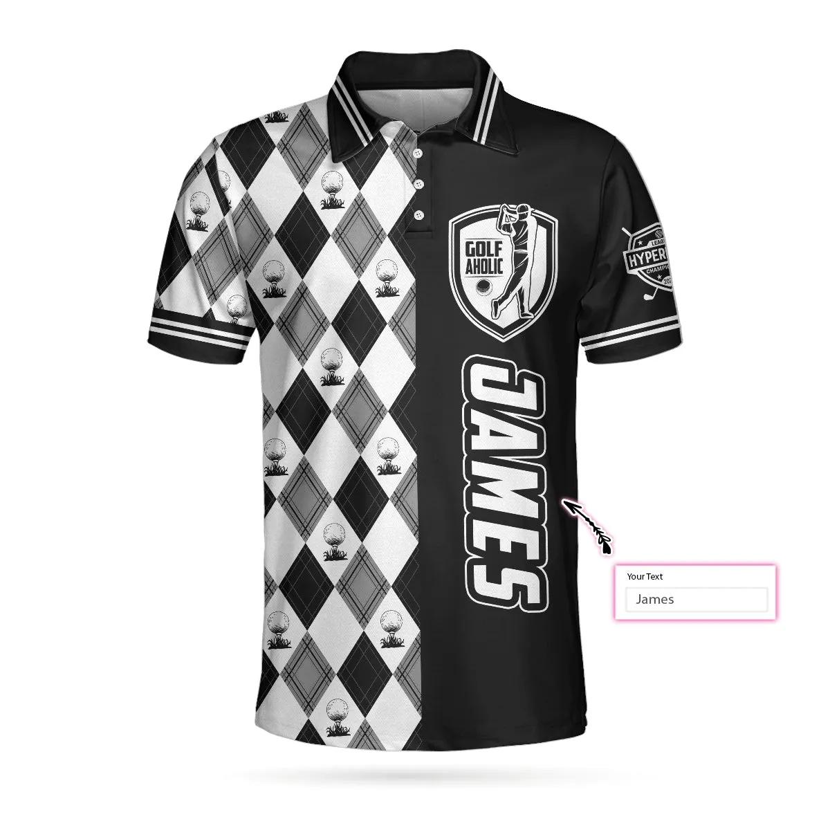 Personalized Golfaholic Custom Polo Shirt, Black And White Argyle Pattern Polo Shirt, Best Golf Shirt For Men Coolspod