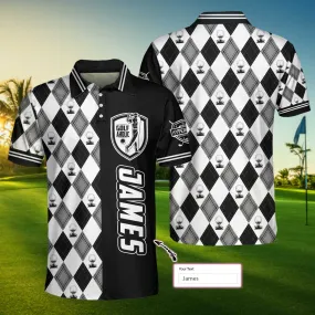 Personalized Golfaholic Custom Polo Shirt, Black And White Argyle Pattern Polo Shirt, Best Golf Shirt For Men Coolspod