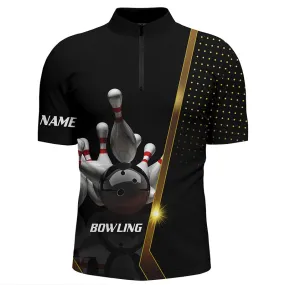 Personalized Men Bowling Quarter-Zip Shirt Black and Gold Men Bowlers Custom Team bowling Jersey