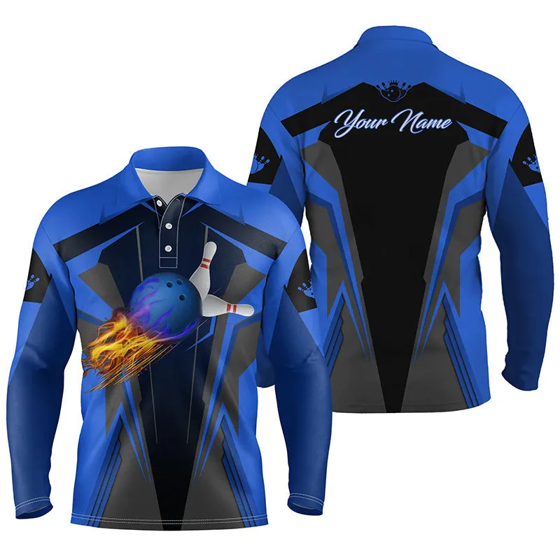 Personalized Men Multicolor Option Bowling Long Sleeve Polo Shirt Flame Bowling Ball And Pins, Bowling Polo For Men Bowlers