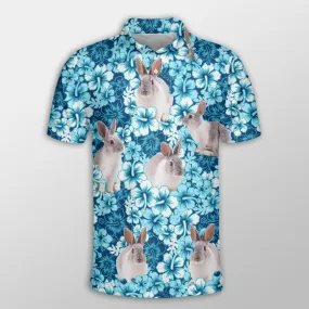 Rabbit Men Polo Shirts For Summer - Rabbit Blue Hibiscus Pattern Button Shirts For Men - Perfect Gift For Rabbit Lovers, Cattle Lovers