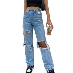 Ripped Button Fly Mid Waist Straight Leg Denim Jeans