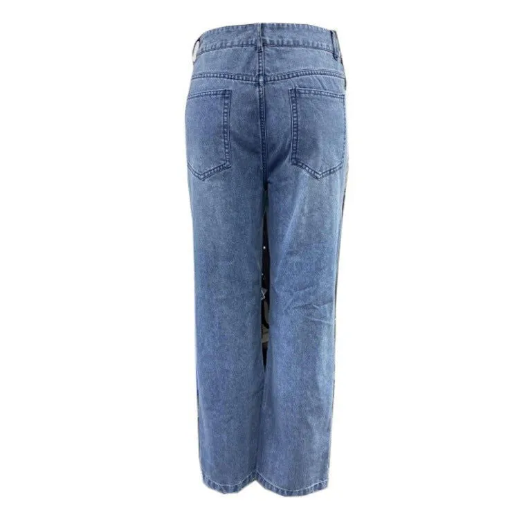 Ripped Button Fly Mid Waist Straight Leg Denim Jeans