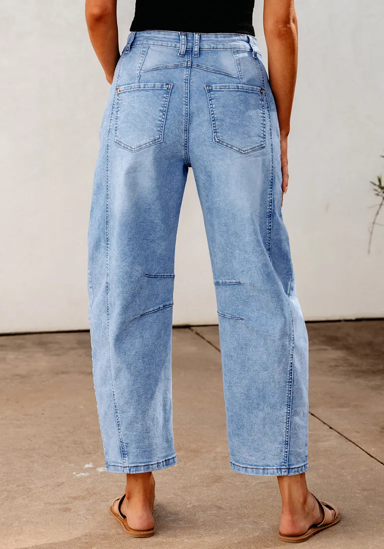 Roadnight Blue Women's Cropped Denim High Waisted Jeans Pull On Straight Leg Stretch Barrel Jeans