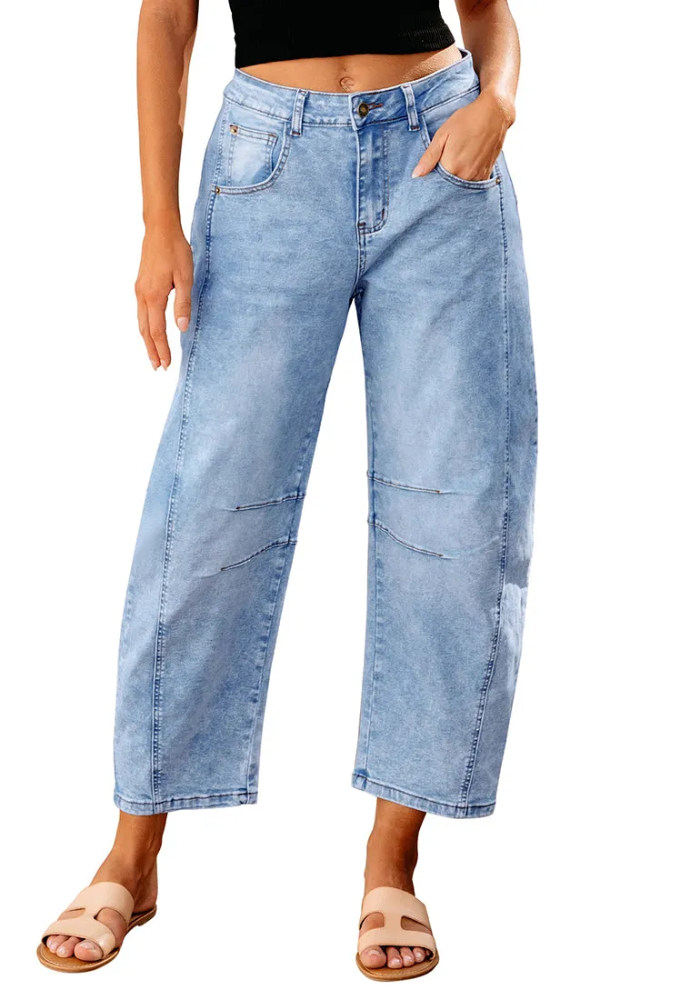 Roadnight Blue Women's Cropped Denim High Waisted Jeans Pull On Straight Leg Stretch Barrel Jeans