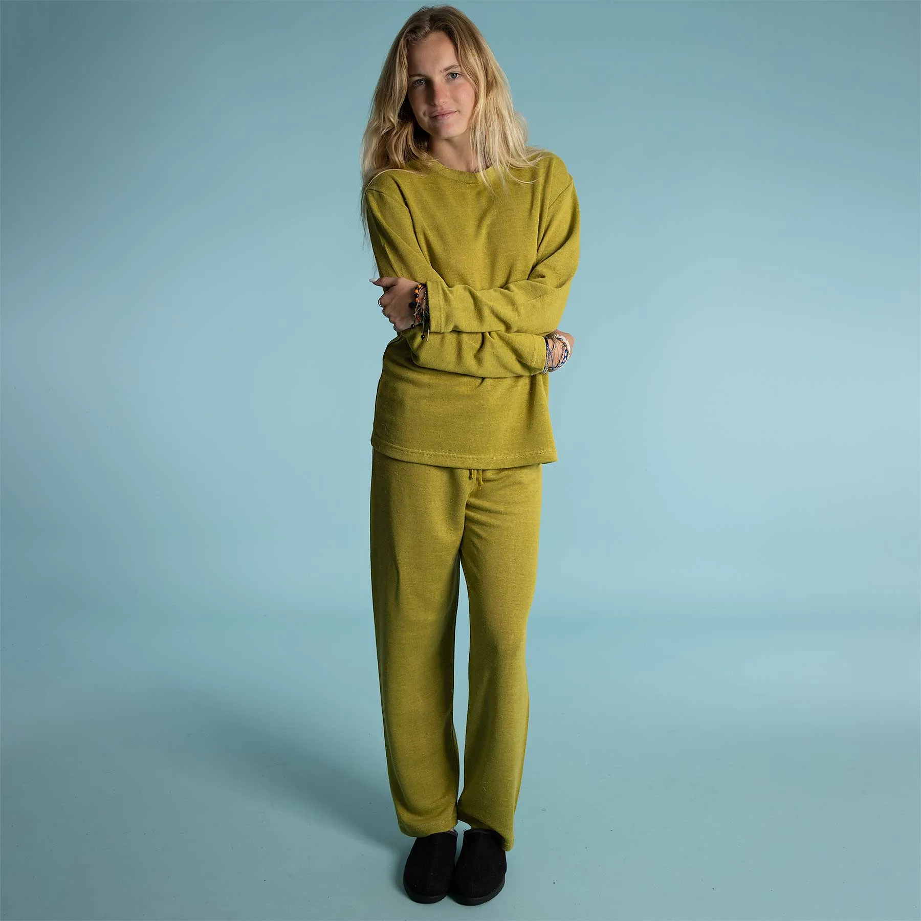 RODIN 100% Organic Irish Linen Knit Top & Bottom PJ/Loungewear Set (Covered Organic Elastic Waistband)