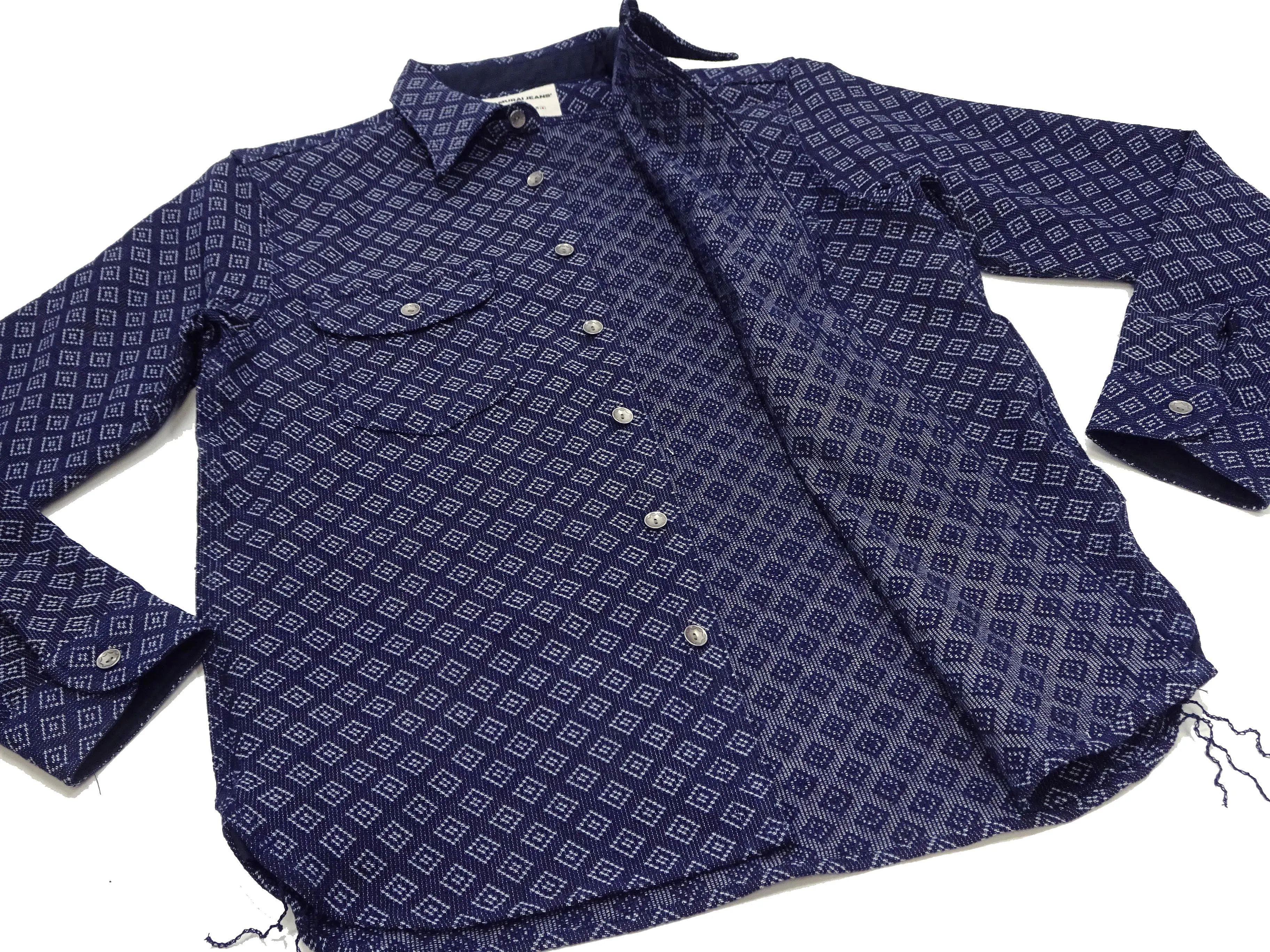 Samurai Jeans Indigo Sashiko Shirt Men's Diamond Stitch Sashiko Long Sleeve Button Up Work Shirt SSS23-SSK