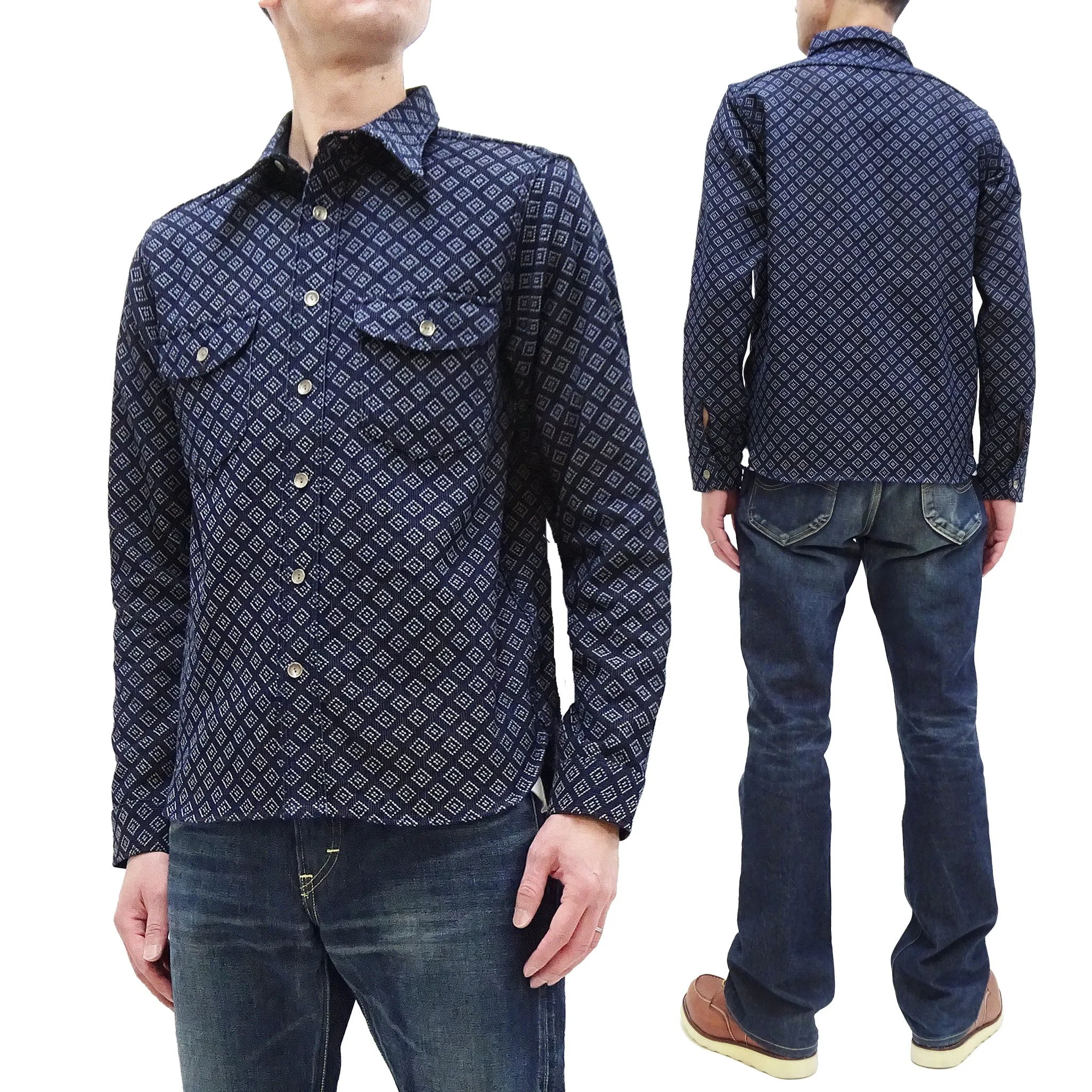 Samurai Jeans Indigo Sashiko Shirt Men's Diamond Stitch Sashiko Long Sleeve Button Up Work Shirt SSS23-SSK