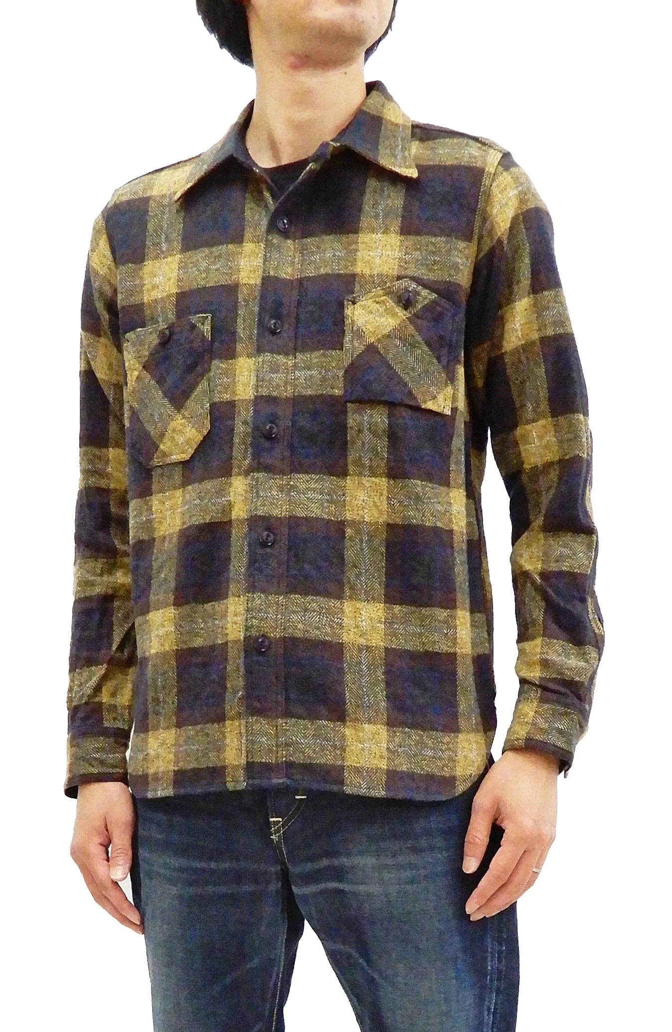 Samurai Jeans Plaid Flannel Shirt Men's Checked Long Sleeve Work Shirt SNL20-01 Yellow