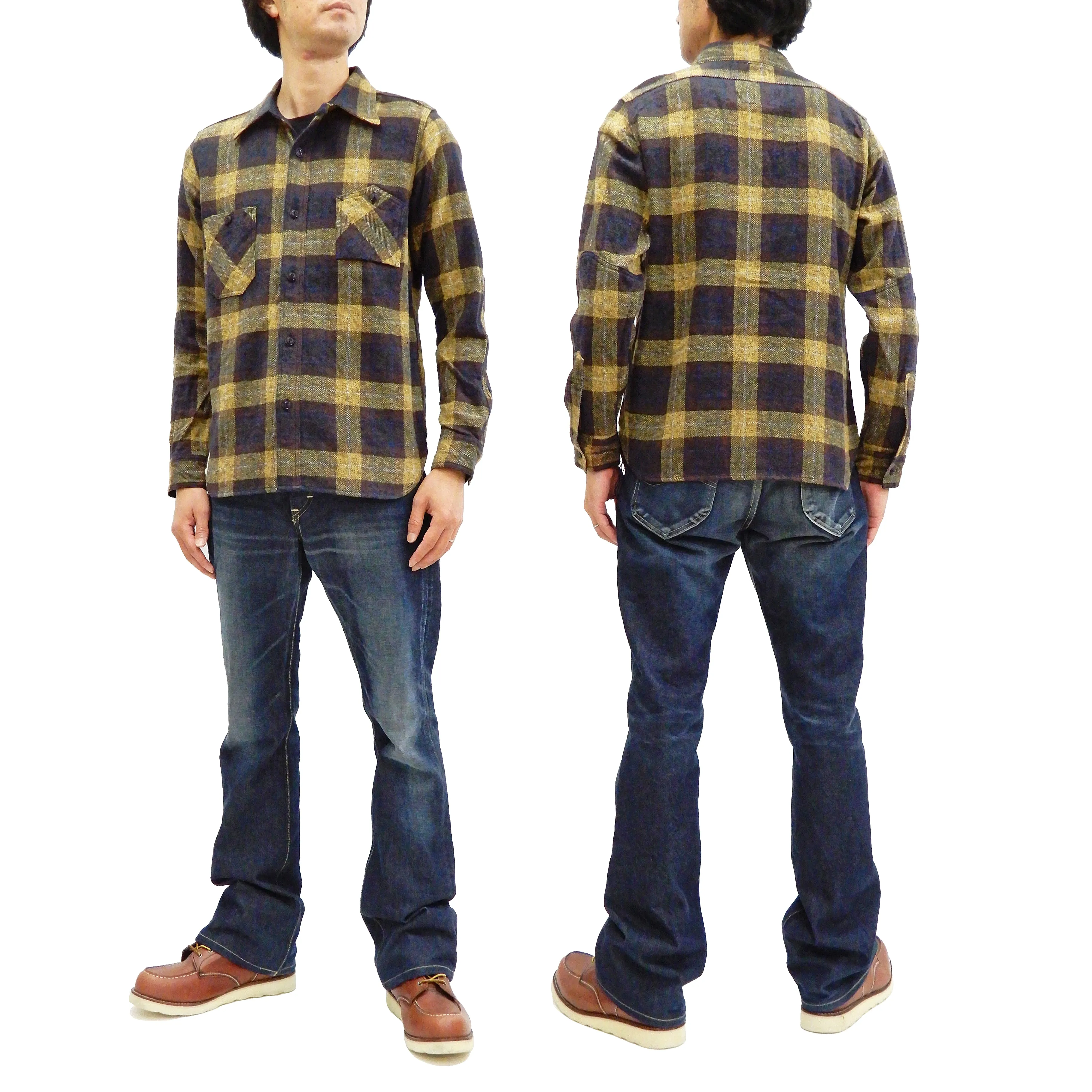 Samurai Jeans Plaid Flannel Shirt Men's Checked Long Sleeve Work Shirt SNL20-01 Yellow