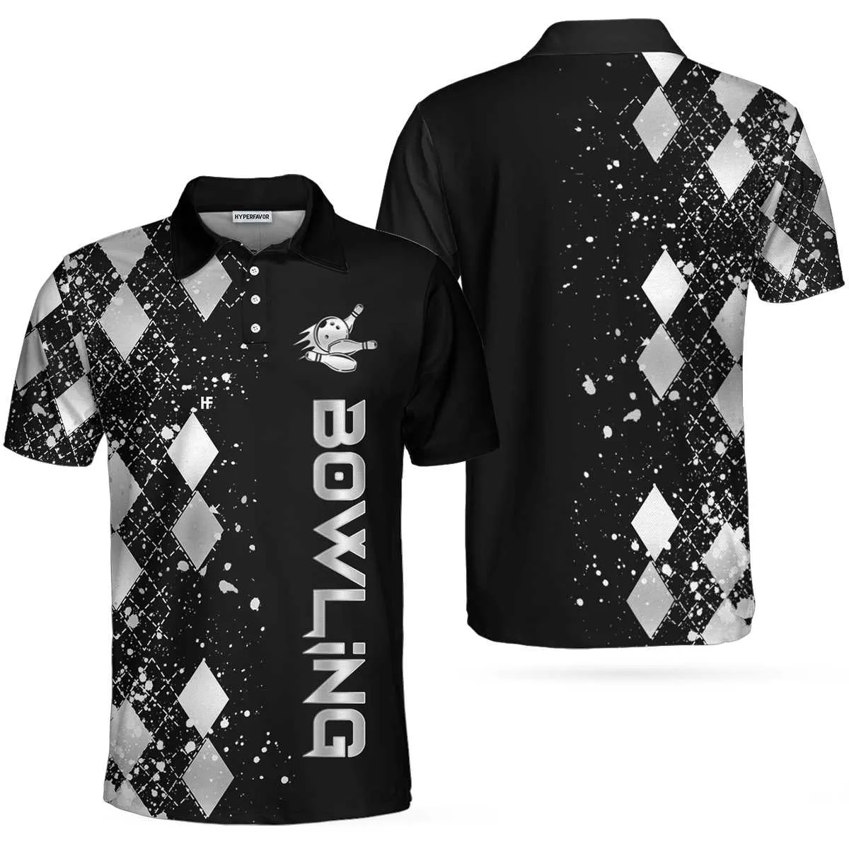 Silver Bowling Polo Shirt, Black And Silver Argyle Pattern Bowling Shirt For Men Coolspod