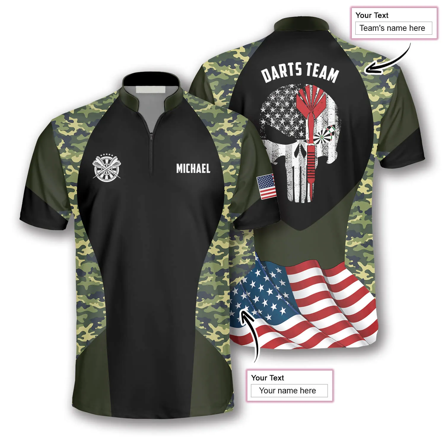 Skull Camouflage Waving Flag Custom Darts Jerseys for Men, Red Dart Skull Shirt, Jersey Shirt for Dart Player