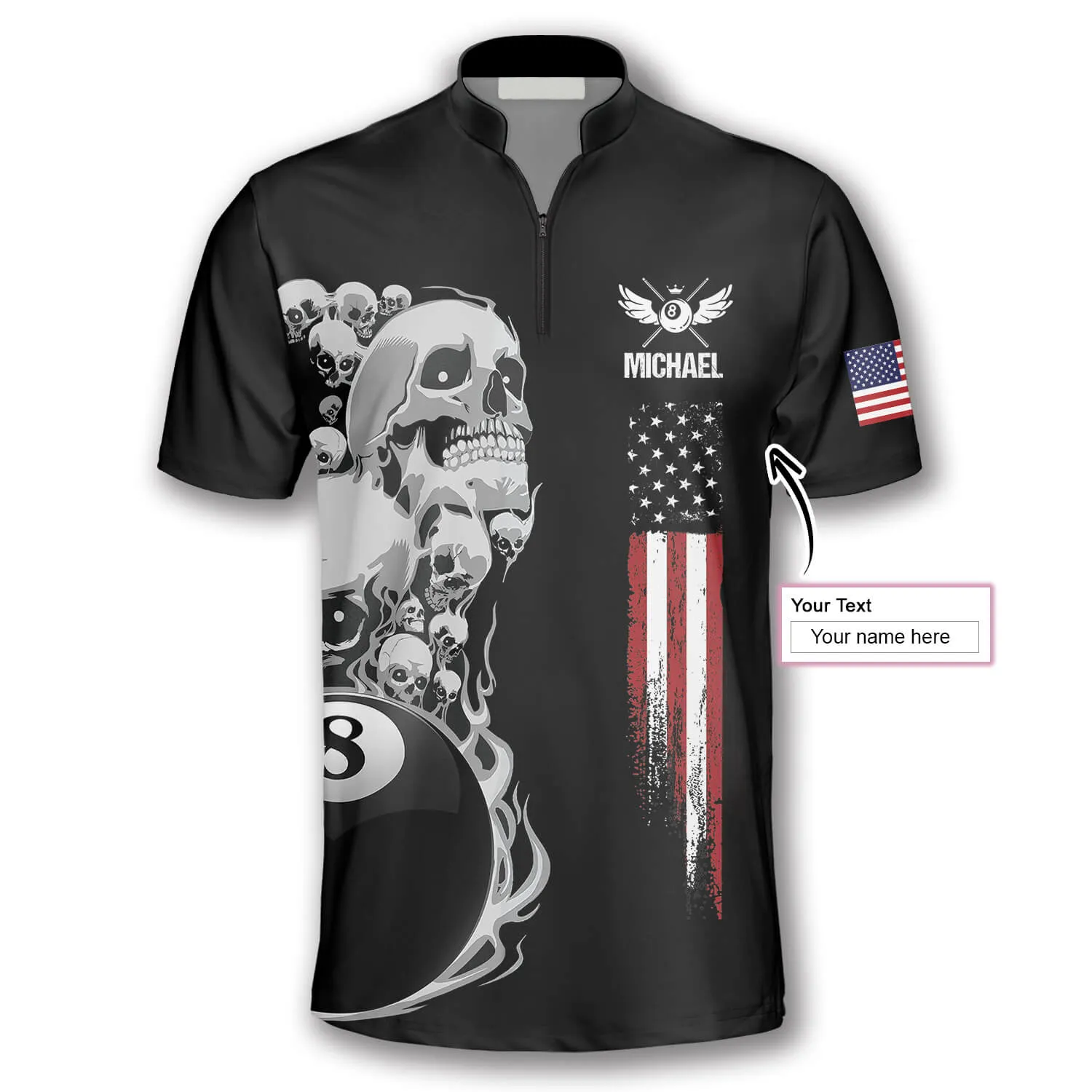 Skull Flag In Black Custom Billiard Jerseys for Men, Idea Shirt for Billiard Player, Skull Shirt