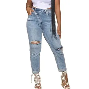 Slant Waist Distressed Jeans