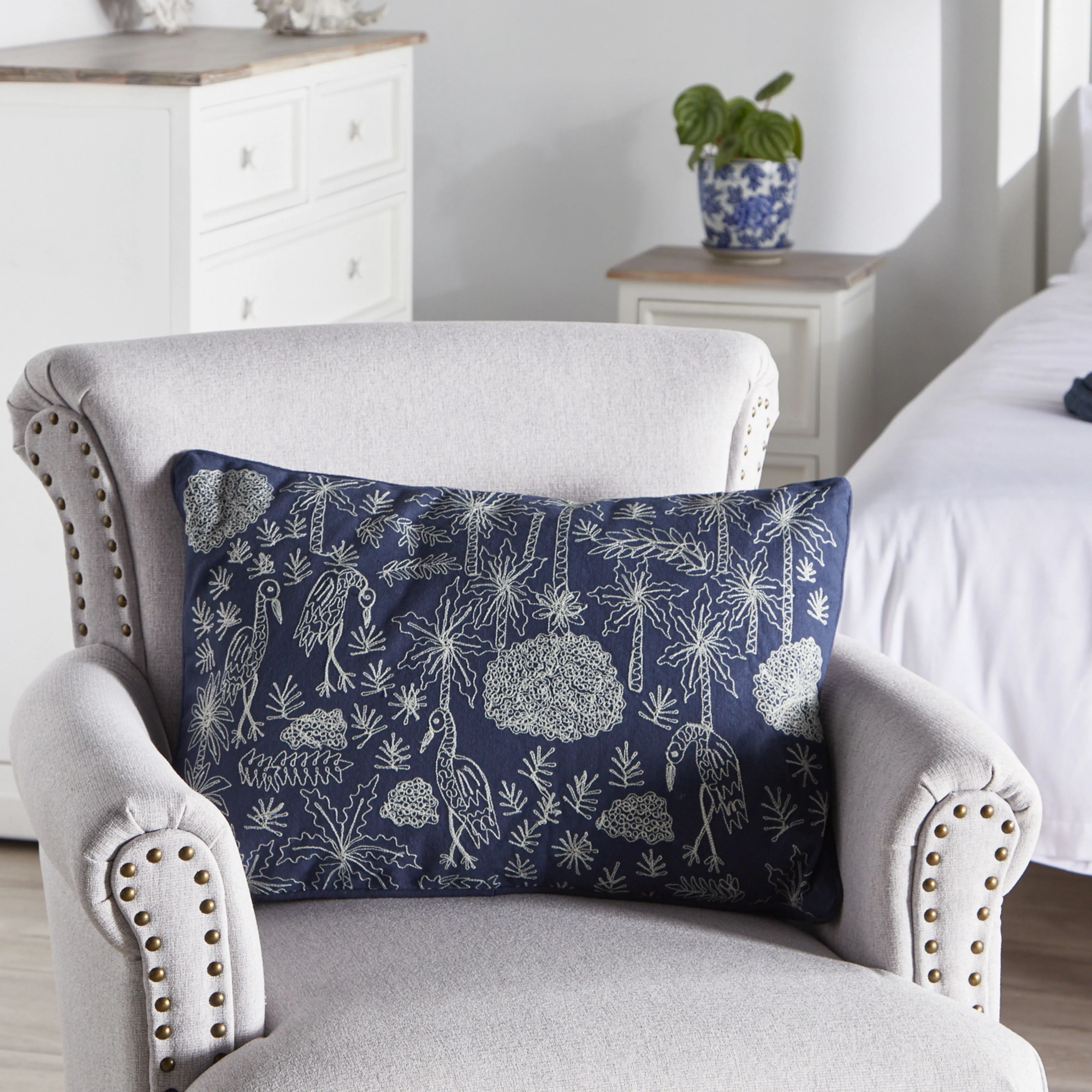 Stitch Indigo Embroidered Crane Cushion 40x60cm