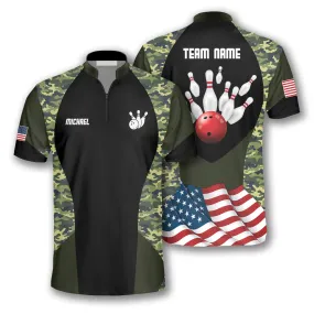 Strike Camouflage Waving Flag Custom Bowling Jerseys for Men, Personalized Name Bowling Shirt