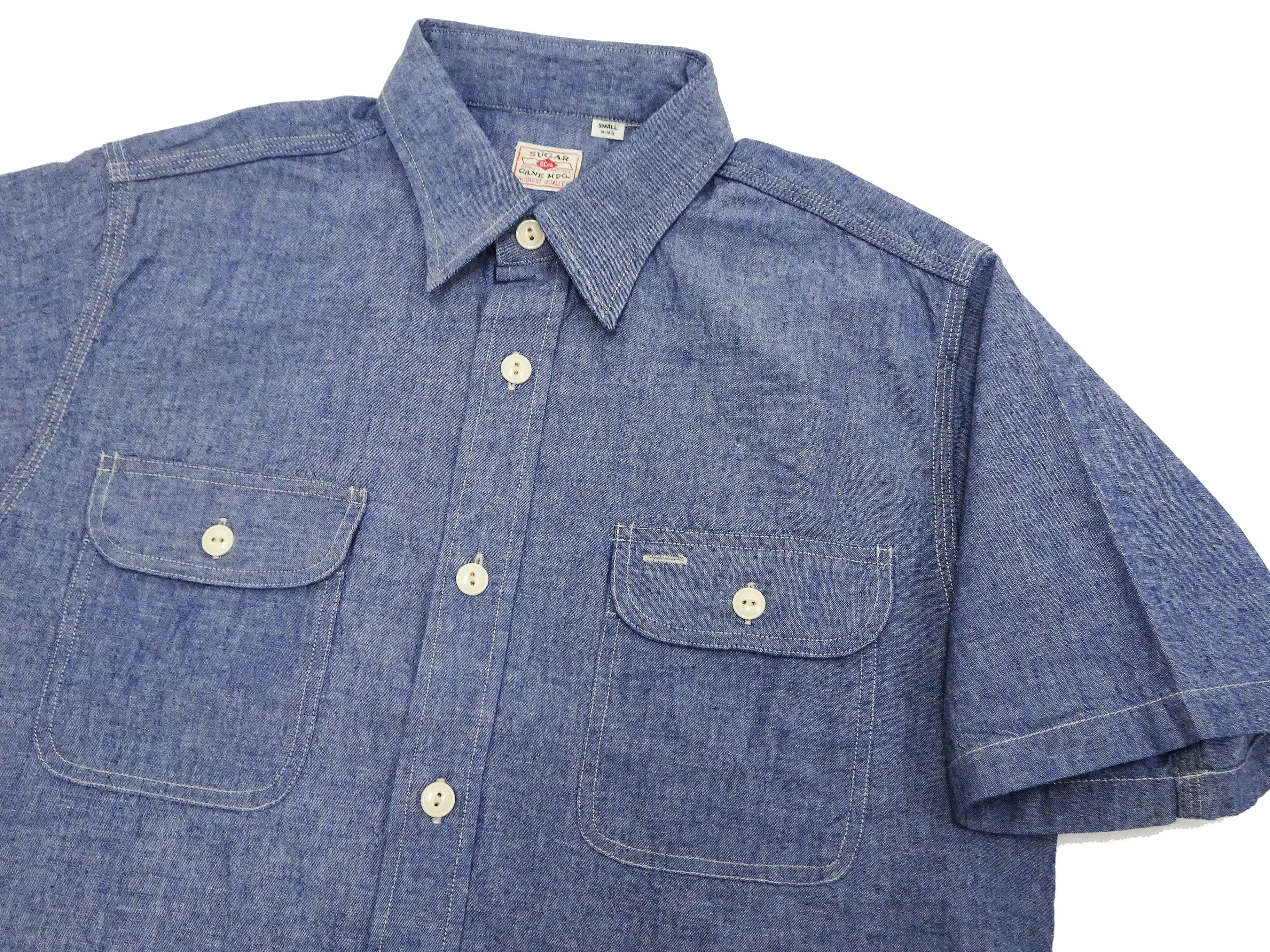 Sugar Cane Blue Chambray Shirt Men's Casual Short Sleeve Plain Button Up Work Shirt SC37941 421 Blue One Wash