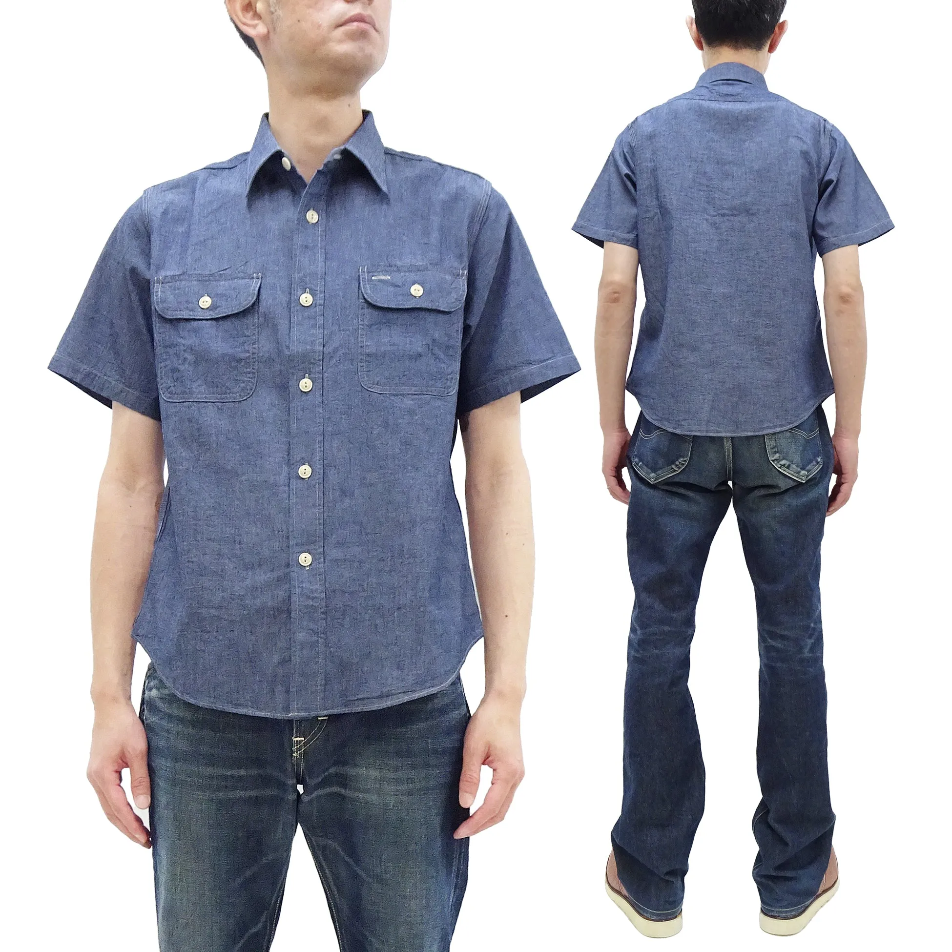 Sugar Cane Blue Chambray Shirt Men's Casual Short Sleeve Plain Button Up Work Shirt SC37941 421 Blue One Wash