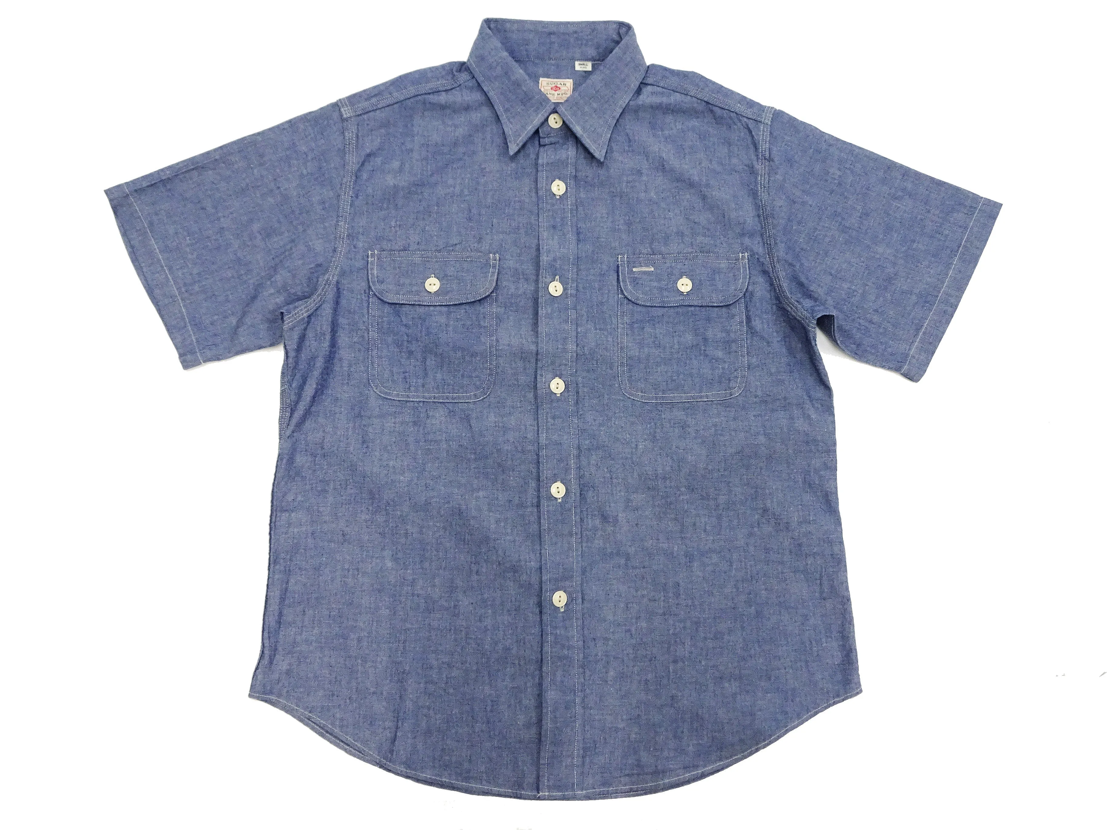 Sugar Cane Blue Chambray Shirt Men's Casual Short Sleeve Plain Button Up Work Shirt SC37941 421 Blue One Wash