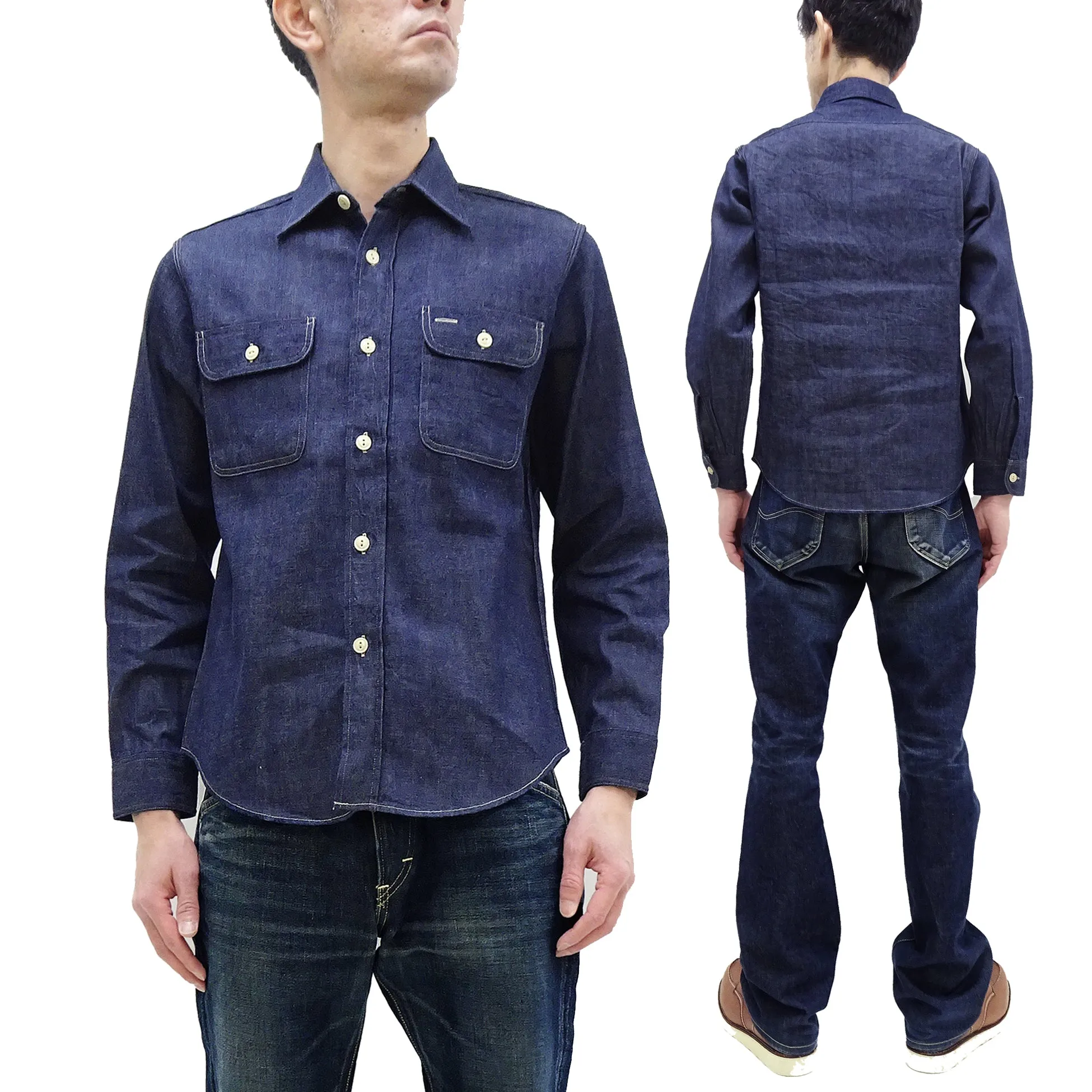 Sugar Cane Denim Shirt Men's Long Sleeve Button Up Plain Jean Work Shirt SC27852 421 Indigo One Wash