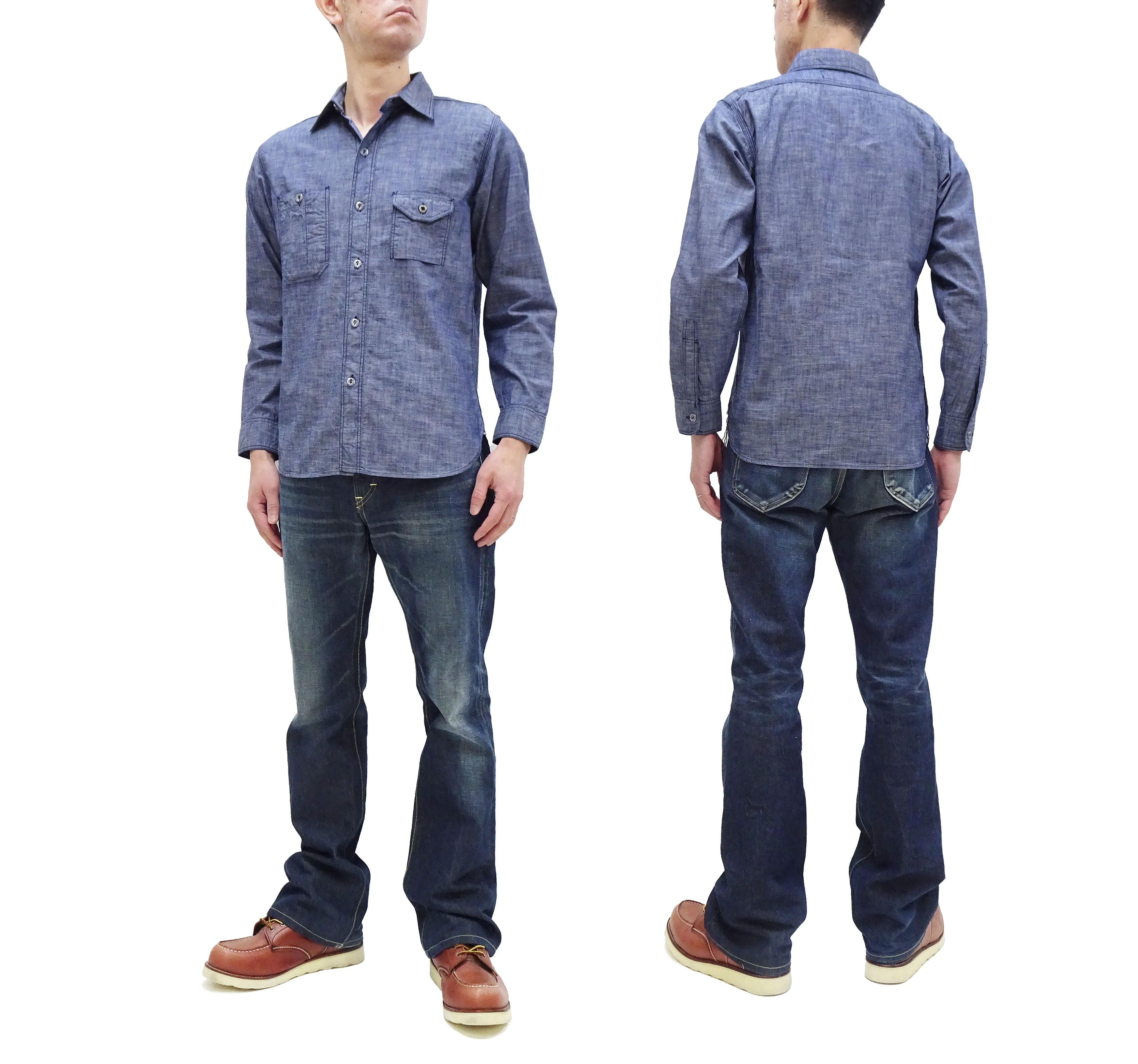 Sugar Cane Slub Chambray Shirt Men's Plain Long Sleeve Button Up Work Shirt SC28994 Chambray-Blue