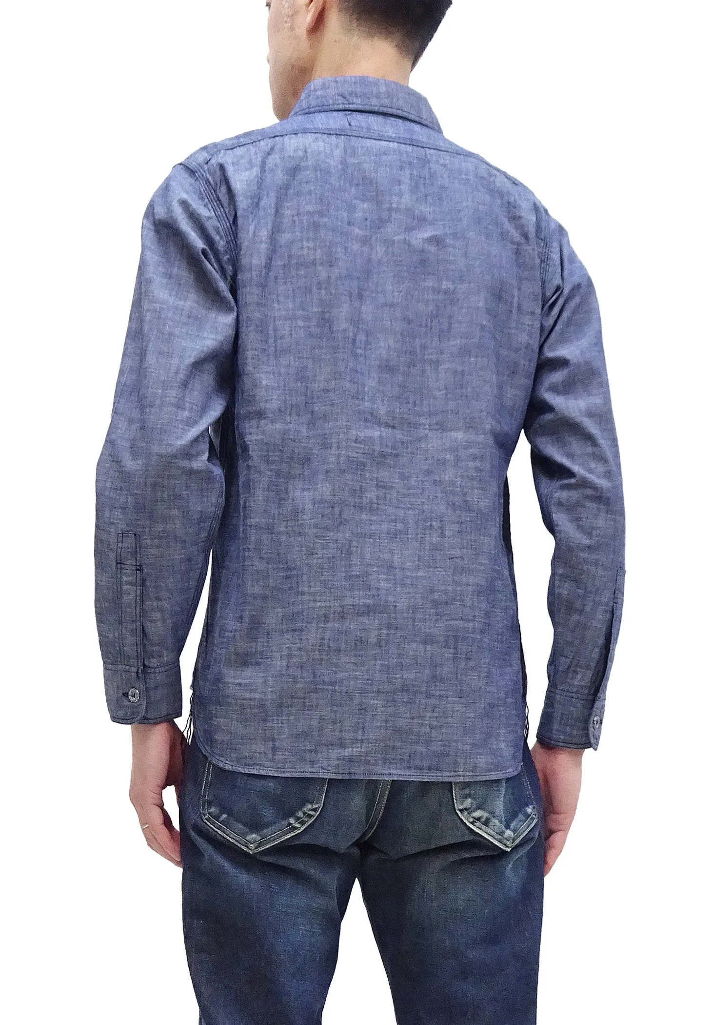 Sugar Cane Slub Chambray Shirt Men's Plain Long Sleeve Button Up Work Shirt SC28994 Chambray-Blue